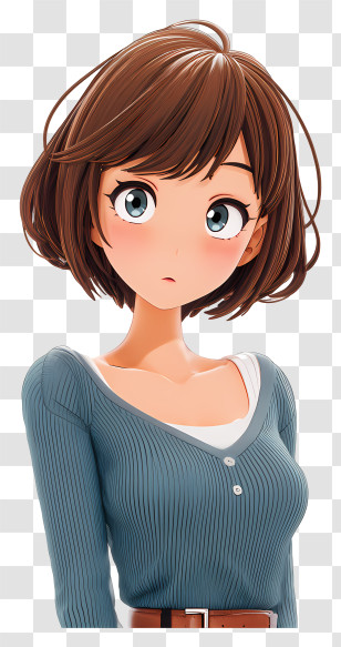 Anime Girl Shy - Brown-haired Character In Blue Top Transparent PNG