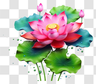Pink Lotus Flower - Pink Lotus With Green Leaves Transparent PNG