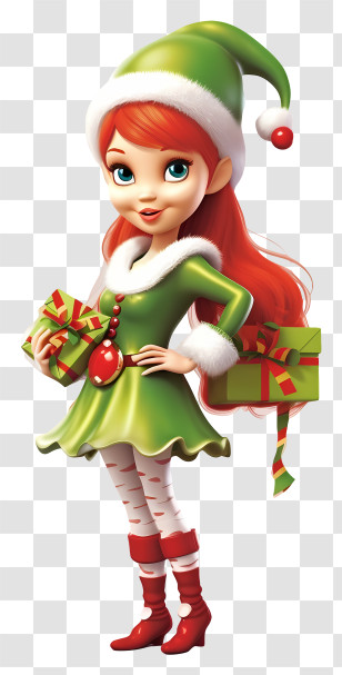 Image Description - Green Elf Holding Festive Gifts Transparent PNG