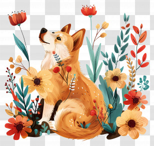 Dog Enjoys Nature - Cute Corgi Dog In A Floral Surround Transparent PNG