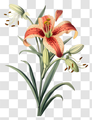 Lily Plant - Orange Lily Flower Botanical Illustration Transparent PNG