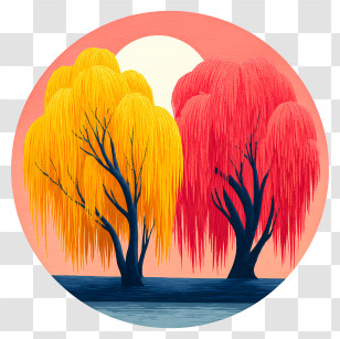 Willow Trees In Night Scene - Colorful Willow Trees By The Lake Transparent PNG