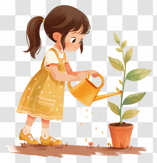 Girl Watering Plant - Cartoon Girl Watering Garden Plant Transparent PNG