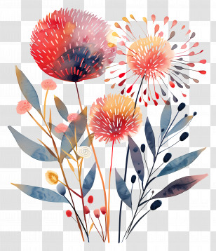 Fireworks - Colorful Floral Illustration With Leaves In Watercolor Style Transparent PNG