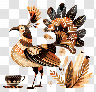 Turkey - Artistic Bird With Decorative Feathers And Cup Transparent PNG