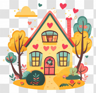 Cute House - Cartoon House With Hearts In A Charming Garden Transparent PNG