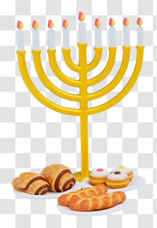 Menorah - Menorah With Candles And Pastries For Hanukkah Transparent PNG