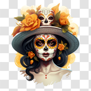 Dia De Los Muertos - Sugar Skull Woman With Hat And Rose Embellishments Transparent PNG