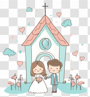 Wedding Church - Cartoon Church With Bride And Groom Transparent PNG