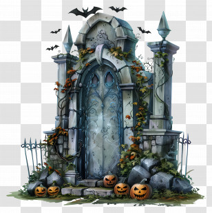 Tomb - Spooky Tomb With Bats And Pumpkins For Halloween Transparent PNG