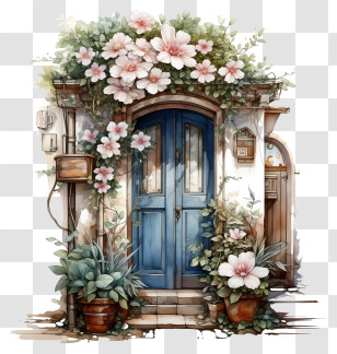 Blue Door - Blue Door With Floral Decoration Transparent PNG