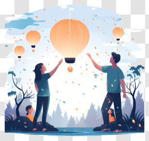Paper Lanterns - Family Releasing Orange Lanterns Transparent PNG