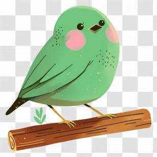 Kawaii Bird - Charming Green Bird On Branch Illustration Transparent PNG