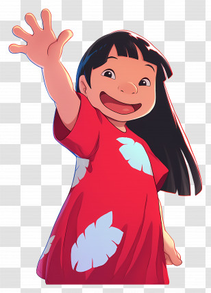 Cartoon Lilo - Cheerful Girl Waving In Red Dress Illustration Transparent PNG
