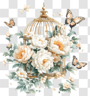 Peony And Bird Cage - Floral Birdcage With Butterflies Transparent PNG