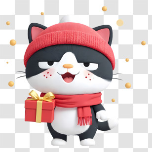 Cat Mascot Enjoying Christmas - Black And White Cat With Gift Transparent PNG