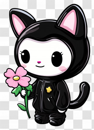 Kuromi - Black Cat Cartoon With Pink Flower Transparent PNG