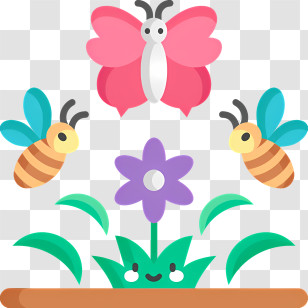 Spring - Cartoon Butterfly And Bees With Purple Flower Transparent PNG