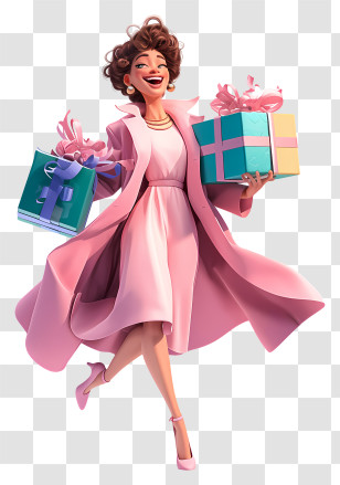 Chic Woman In Pink With Gifts Transparent PNG