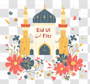 Eid Ul Fitr - Eid Ul Fitr Celebration With Mosque And Flowers Transparent PNG