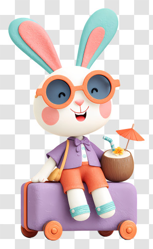 Cartoon Bunny Holds Coconut Drink - Summer Vacation Bunny With Suitcase Transparent PNG