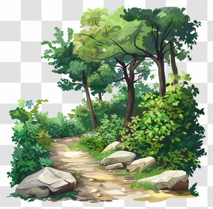 Forest Path - Serene Forest Pathway With Green Trees And Rocks Transparent PNG
