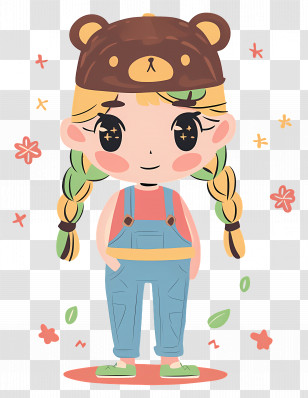 Cute Cartoon Girl - Cute Girl With Bear Hat And Braids Transparent PNG