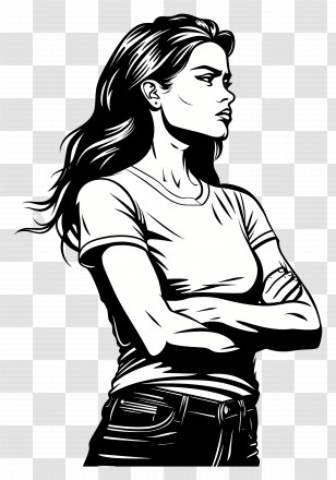 Woman - Black And White Illustration Of A Woman With Arms Crossed Transparent PNG
