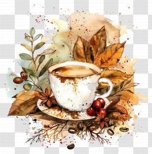 Cup Of Coffee - Warm Coffee Cup With Autumn Leaves Design Transparent PNG