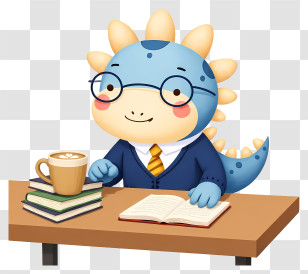 Dinosaur Mascot Reading - Cute Blue Dino Studying At Desk Transparent PNG