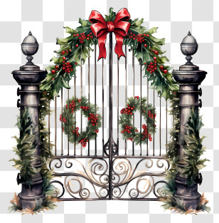 Wrought Iron Gate - Elegant Christmas Gate With Wreaths And Bow Transparent PNG