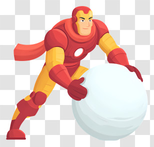 Iron Man Pushing Snowball - Superhero Engaged In Snowball Play Transparent PNG