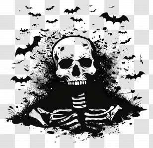 Halloween Silhouette - Spooky Skull With Bats And Splatter Transparent PNG