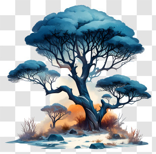 Snowy Acacia Trees - Blue Stylized Tree Illustration Transparent PNG