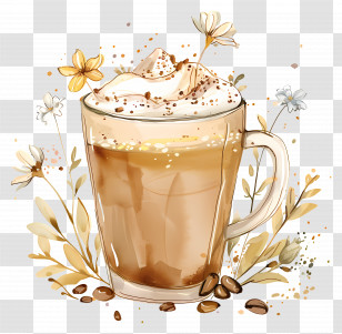 Creamy Coffee - Coffee Cup With Cream And Flowers Transparent PNG