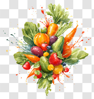Fruits And Veggies Burst - Watercolor Fruit And Vegetable Splash Transparent PNG