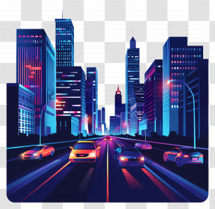 Cityscape At Night - Night Cityscape With Cars And Skyscrapers Transparent PNG