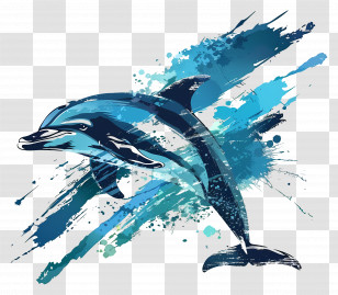Dolphin Silhouette - Blue Dolphin Illustration With Water Splash Transparent PNG