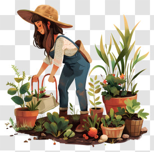 Gardening Day - Cartoon Woman Caring For Garden Plants Transparent PNG
