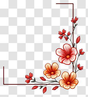 Minimalist Line Art Border - Floral Corner Decoration With Red Flowers Transparent PNG