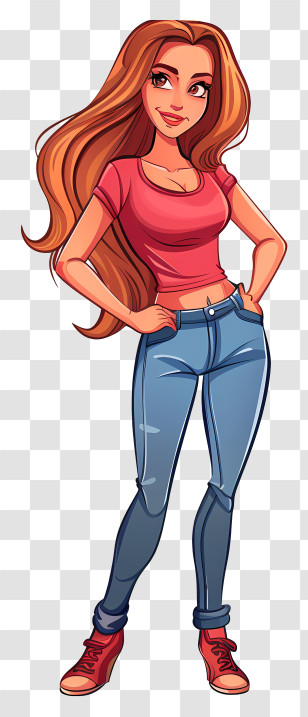 Slim Woman Cartoon - Animated Woman Character In Casual Attire Transparent PNG