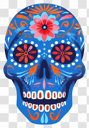 Mexican Skull - Blue Sugar Skull With Floral Decorations For Day Of The Dead Transparent PNG