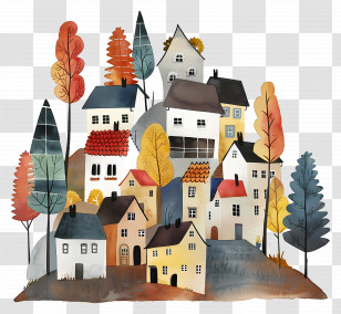 Real Estate - Whimsical Village Houses With Autumn Trees Transparent PNG