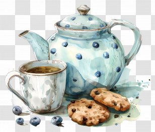 Teapot - Blue Teapot Set With Cookies And Teacup Transparent PNG