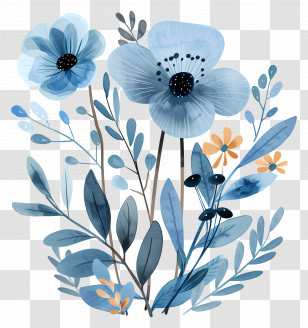 Blue Bouquet - Blue Watercolor Flowers With Foliage Transparent PNG