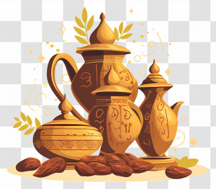 Iftar Time - Golden Traditional Coffee Set With Ornamental Design Transparent PNG
