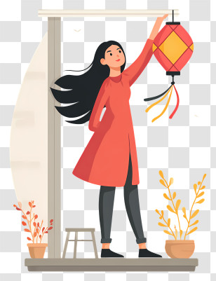 Woman Hanging Paper Lantern - Woman Hanging Lantern At Door Transparent PNG