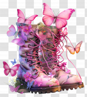 Butterfly - Pink Boots With Butterflies And Flowers Transparent PNG