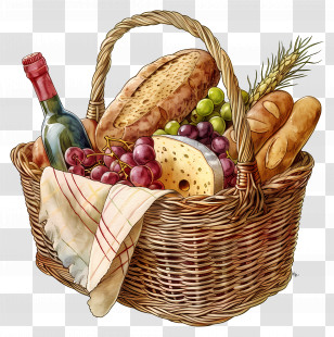 Food Basket - Picnic Basket Filled With Food And Wine Transparent PNG