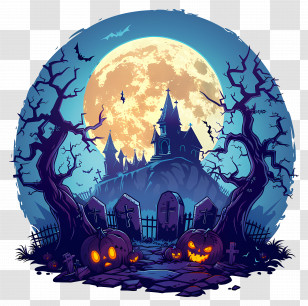 Halloween Full Moon - Spooky Halloween Graveyard With Pumpkins And Full Moon Transparent PNG